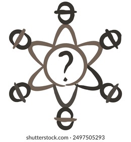 Hand-drawn vector icon illustrating collaboration, drawn with a brush and featuring a central question mark surrounded by interconnected atoms. Ideal for teamwork and cooperation themes