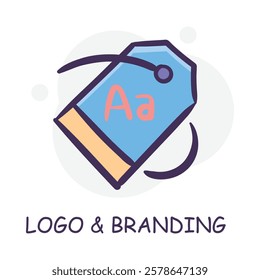 Hand-drawn vector icon for Logo  Branding Design. A creative design of a tag with text, symbolizing brand identity and typography.