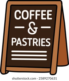 Hand-drawn vector icon of an outdoor sign featuring coffee and pastries. Perfect for cafes, bakeries, branding, and digital designs.