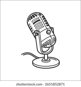 A hand-drawn vector icon of a retro or vintage microphone in a classic sketch style. This graphic symbolizes podcasting, radio broadcasting, music recording, and live performance. 