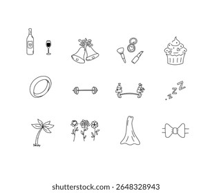 A hand-drawn vector icon set featuring over wedding-themed illustrations in clean black line art. Includes symbols for wedding planning, ceremony, reception, decor, bridal fashion, rustic venues