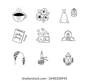 A hand-drawn vector icon set featuring over wedding-themed illustrations in clean black line art. Includes symbols for wedding planning, ceremony, reception, decor, bridal fashion, rustic venues