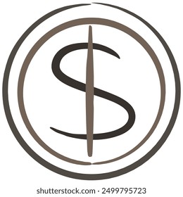 Hand-drawn vector icon of a stylized dollar sign, created with a brush on a transparent background. Ideal for financial, business, and currency-related projects, adding a unique and artistic touch