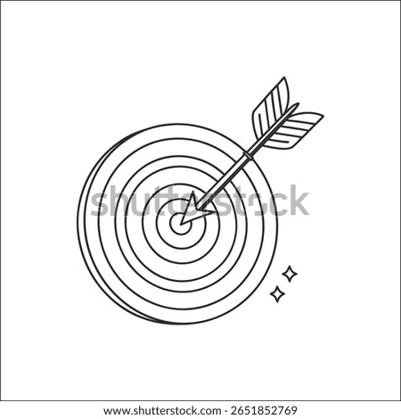 A hand-drawn vector icon of a target with an arrow hitting the bullseye. This doodle or sketch style illustration symbolizes key business concepts like achieving a goal, success, accuracy, and hitting