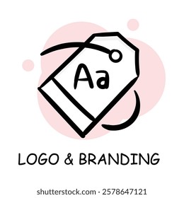 Hand-drawn vector icon for Typography and Brand Identity. Showcasing a tag with a focus on custom logo creation.