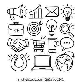 Hand-drawn vector icons digital marketing business concepts megaphone chart email light bulbs briefcase target magnifying glass handshake shopping cart mobile phone speech bubble magnet laptop globe