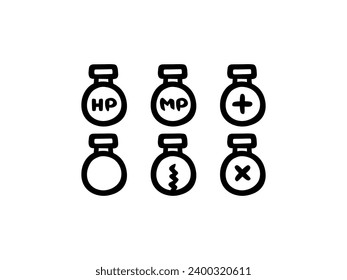 Handdrawn vector icons of flasks and potions; glassware icons; alchemy icons