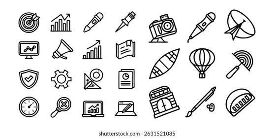 Hand-drawn vector icons illustration set of digital marketing related and decorations, a festive doodle collection