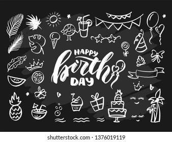 Hand-drawn vector icons for party.  Icons for poster, background, postcard, banners party. Print on cup, bag, shirt, package, balloon

