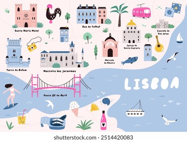 Hand-Drawn vector illustrated map of Lisbon with famous landmarks, symbols. Custom cute design for journals, posters, books, prints