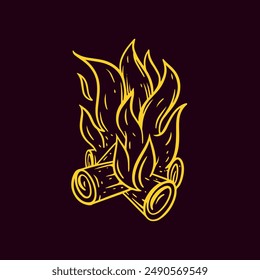 A hand-drawn vector illustrates a campfire with logs and flames on a dark backdrop for a cozy outdoor feel