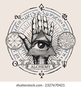 Hand-drawn vector illustration with all seeing eye of God on an open palm. Human hand with eye of Providence in the triangle, esoteric symbols, magic runes, alchemical signs and the words Alchemy