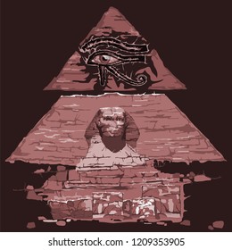 Hand-drawn vector illustration of an all-seeing eye Ra, pyramid and Sphinx.Mysterious and full of magic, ancient symbols. For posters, tattoos and vintage design.  
