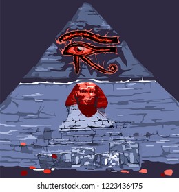 Hand-drawn vector illustration of an all-seeing eye Ra, pyramid and Sphinx.Mysterious and full of magic, ancient symbols. For posters, tattoos and vintage design.  