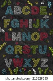 Hand-drawn vector illustration of alphabet letters on chalkboard background with doodle elements