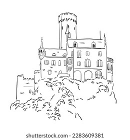 Hand-Drawn Vector Illustration of an Ancient Castle on a Hill: A Stunning Artwork to Elevate Your Design Projects and Decor. hand-drawn sketch on white background