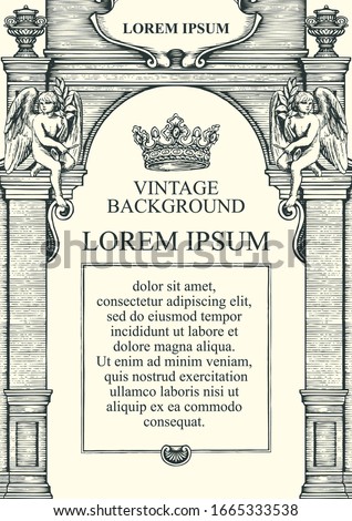 Hand-drawn vector illustration with angels, crown and place for text. Vintage background or frame for a certificate or diploma in the form of the facade of an old building
