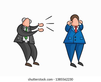 Hand-drawn vector illustration angry boss yelling at businessman worker and he is closing his ears. Colored and black outlines.