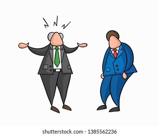 Hand-drawn vector illustration angry boss with businessman worker. Colored and black outlines.
