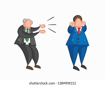 Hand-drawn vector illustration angry boss yelling at businessman worker and he is closing his ears. Colored and colored outlines.