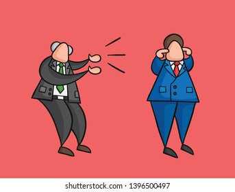 Hand-drawn vector illustration angry boss yelling at businessman worker and he is closing his ears. Colored and black outlines, red background.