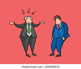 Hand-drawn vector illustration angry boss with businessman worker. Colored and black outlines, red background.