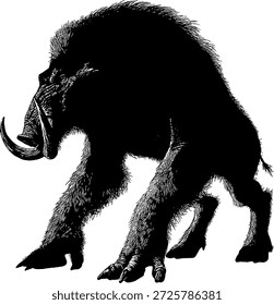 Handgezeichnete Vektorgrafik eines zornigen Wildschweins, das in einem dunklen Silhouettenstil steht. Detaillierte Ätz- und Gravurkunst, geeignet für Jagdlogos, Sportmaskottchen, Tätowierungsdesigns und Bekleidungsmarken.