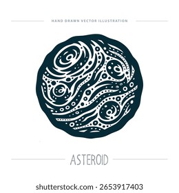 Ilustração vetorial desenhada à mão de asteroide com textura abstrata, linhas negras em negrito e estilo de gravação. Gráfico cósmico para projetos de ciência, espaço e astronomia. Parte do conjunto.