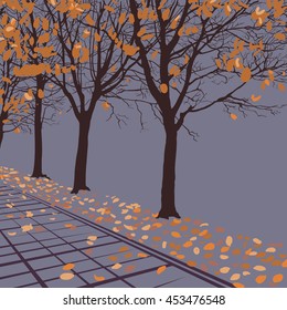 Hand-drawn vector illustration of autumn park. Silhouettes of trees, the leaves on the road. 