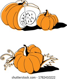 Ilustración vectorial hecha a mano de las calabazas otoñales. El contorno negro en las manchas anaranjadas. Para menús, libros y web