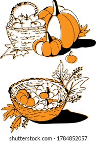 Hand-drawn vector illustration of autumn pumpkins. Black outline on the orange spots. For menu, books and web