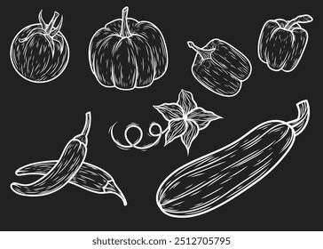 Ilustração de vetor desenhada à mão, conjunto de outono. Arte em linha vegetal, desenhos detalhados, estilo de esboço branco, marca de alimentos e produtos naturais, embalagem e elementos decorativos Isolado no fundo preto