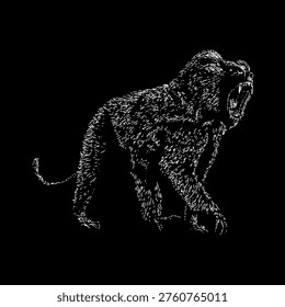 hand-drawn vector illustration of a baboon head, featuring intricate stippling and ink dot work. This realistic primate portrait showcases the powerful facial features and textures of the African monkey, isolated on a black background.