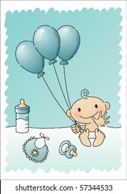 Hand-drawn vector illustration of a baby boy with baby items, such as a bottle of milk, a napkin, a pacifier and balloons.