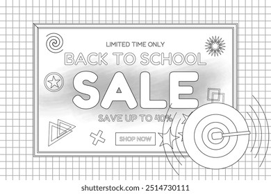 Hand-drawn vector illustration of a back-to-school sale banner, perfect for coloring books. Ideal for educational and promotional content.