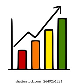 Hand-drawn vector illustration of a bar chart showing upward growth trend with vibrant color gradient, symbolizing progress and success in business.