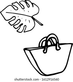 Hand-drawn vector illustration. Beach bag and monstera leaf.  Simple sketch, outline, silhouette. Cute Doodle drawing on a white background.