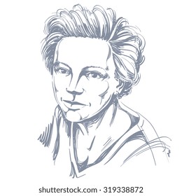 Hand-drawn vector illustration of beautiful confident woman. Monochrome image, peaceful expressions on face of young lady.