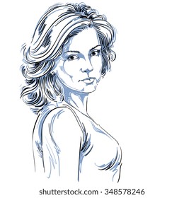 Hand-drawn vector illustration of beautiful confident woman. Monochrome image, expressions on face of young lady, Caucasian type.