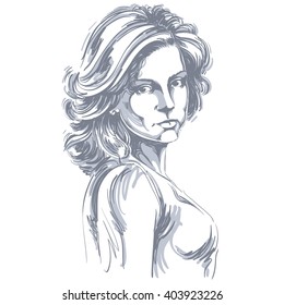 Hand-drawn vector illustration of beautiful confident woman. Monochrome image, expressions on face of young lady, Caucasian type.