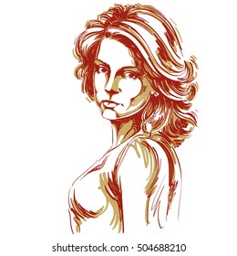 Hand-drawn vector illustration of beautiful confident woman. Creative image, expressions on face of young lady, Caucasian type.