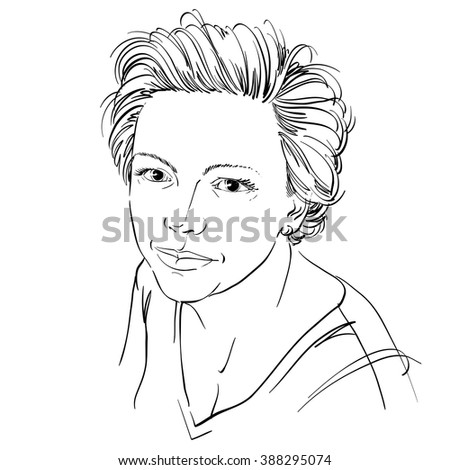 Hand-drawn vector illustration of beautiful confident woman. Monochrome image, peaceful expressions on face of young lady.