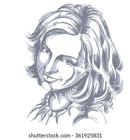 Hand-drawn vector illustration of beautiful happy and pleased woman. Monochrome image, positive expressions on face of young lady.