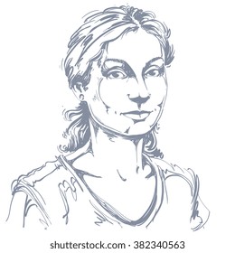 Hand-drawn vector illustration of beautiful kind woman. Monochrome image, expressions on face of young lady. Adult person posing.