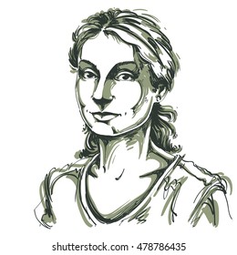 Hand-drawn vector illustration of beautiful kind woman. Monochrome image, expressions on face of young lady. Adult person posing.