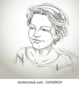 Hand-drawn vector illustration of beautiful romantic woman. Monochrome image, expressions on face of young lady with short hair.