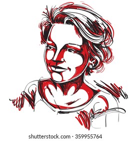 Hand-drawn vector illustration of beautiful romantic woman. Colorful image, expressions on face of young lady with short hair.
