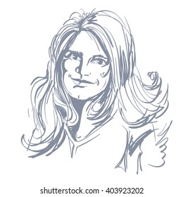 Hand-drawn vector illustration of beautiful romantic woman with long wavy hair. Monochrome image, positive expressions on face of young lady.
