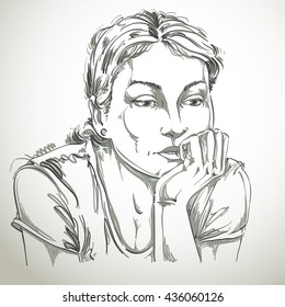 Hand-drawn vector illustration of beautiful romantic and pensive woman thinking about something sad. Monochrome image, expressions on face of young lady.