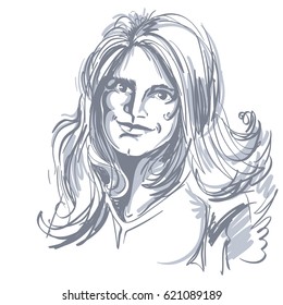 Hand-drawn vector illustration of beautiful romantic woman with long wavy hair. Monochrome image, positive expressions on face of young lady.